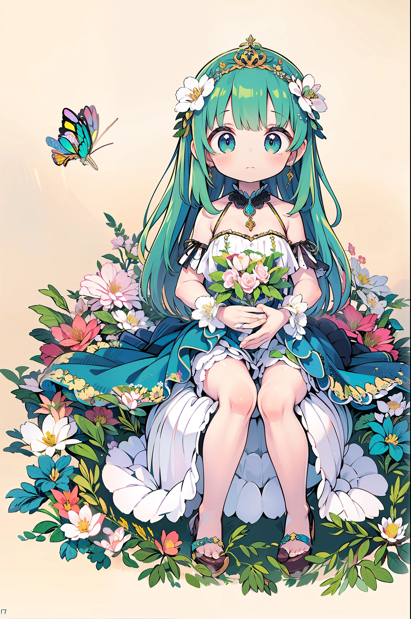 A goddess of flowers. Everything covered in flowers, Rest on his throne made of branches and plants in the middle of a spring garden.. She is extremely beautiful and her skin is clear and fine., Her eyes are innocent and sweet