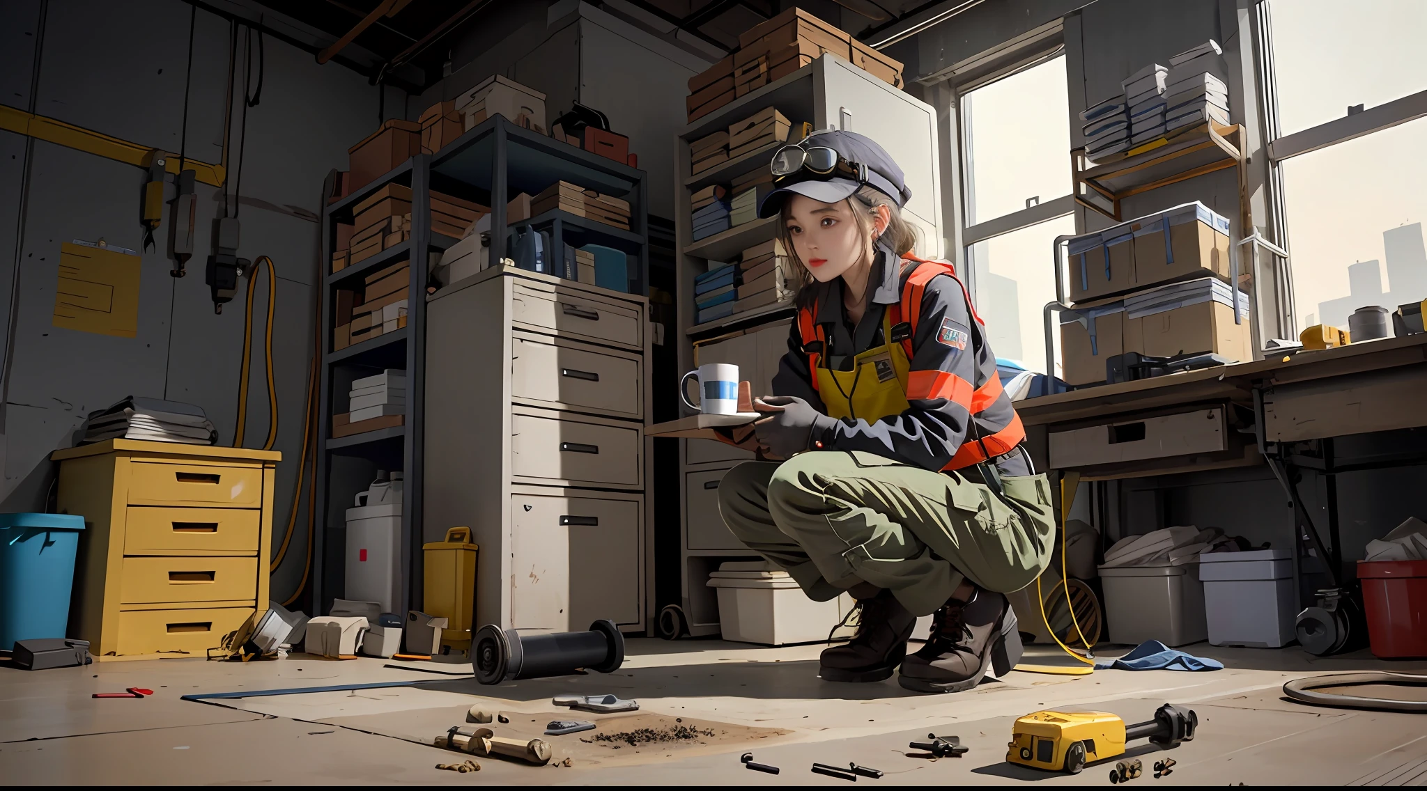 Masterpiece, Best quality, Ultra-detailed, illustration, 1girll, Solo, Shiny, Reflective, latex, Coveralls, voluptuous, Body, crouched, Detailed, Work shoes, Messy, workshop, industry, High heels, black, Red, Silver, Metallic, mitts, goggles, Protective, equipment, Machinery, Tools, spark of light, Dirt, Dirt, oil, Dirt stains cov, Sweat, exhaust, pipelines, gauges, dials, macaron, levers, cable wires, electrical wires, hydraulic, system, Hydraulic presses, Crane, pulley, welding, torches, grinding machine, talim, saw, Hammer, Screwdriver, wrench, pincers, Tom, kit, fire extinguisher, first aid kit, Airy, pipelines, light fixtures, emergency exit, caution signs, Warning tape, Posters, Calendar, coffee mug, Dirty, work table, Storage, shelves, cas, Lockers, hardhat, Safety vest, ear cover, face guard, respirator, Smoke, smog, detritos, Concrete floor, concrete wall, Metal beams, rivet, bolts, screws, nuts, washer, Chains, ropes, crochet, sandwiched, magnet, bearings, lube, fluids, solvents, Adhesive, lubrication, Maintenance, repair, overhauled, Upgrade, Fitted, Assembly, fabricate, Customization, mockup, Research, Development, Prov, quality control, Inspection, Certification, compliance, conditioning, Standard, efficiency, productivity, Innovative, excellence, Satisfaction, Teamwork, Dedication, Professionalism, empowering, diversity, equal, respect, Safety culture, Industrial fashion, Sci-fi, Cyberpunk, dystopian