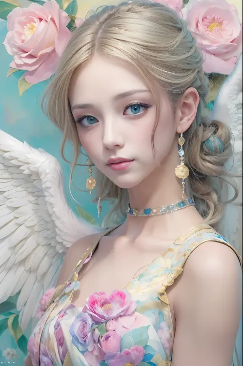 lightbrown hair、Intense crystal light blue eyes、耳Nipple Ring、kawaii、Pale pink color illustration、(Angel wings、😇、a smile、😌🥰Archai...