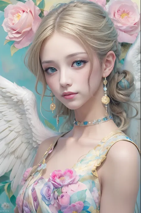 lightbrown hair、intense crystal light blue eyes、耳nipple ring、kawaii、pale pink color illustration、(angel wings、😇、a smile、😌🥰archai...