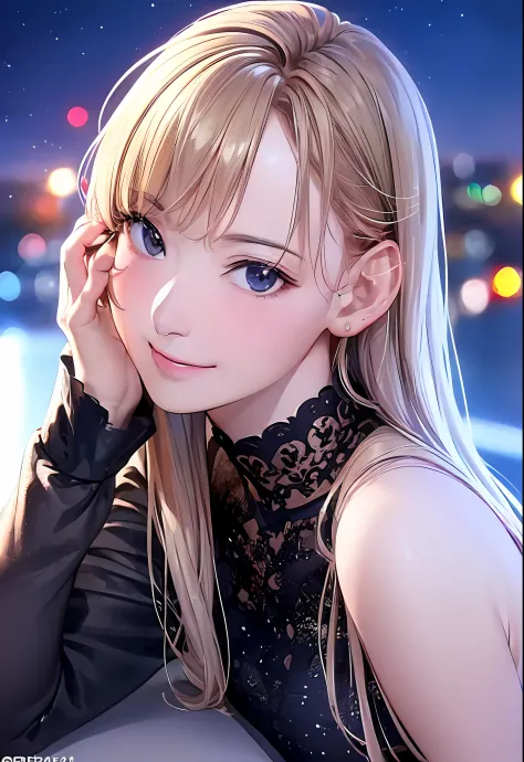 (8K, Best Quality, masutepiece:1.2), (Realistic, Photorealsitic:1.37), Ultra-detailed, 1 girl,Cute, Solo,Midnight,Beautiful detailed sky,Detailed Cafe,Sitting,Dating,(nose blush),(Smile:1.15),(Closed mouth) Small breasts,Beautiful detailed eyes,Floating Ha...
