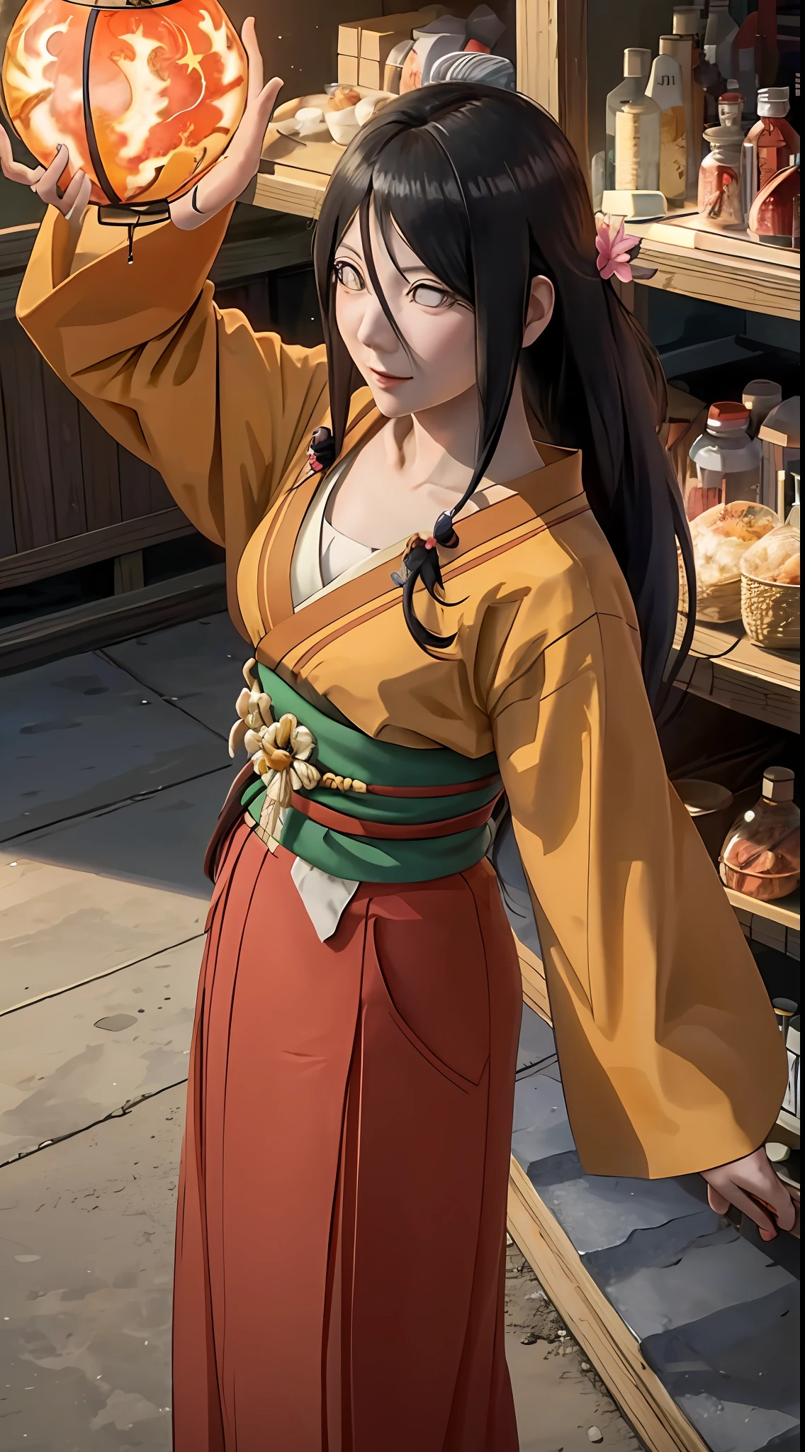 chef-d&#39;œuvre， Hoang Tour ， （Détails compliqués）， （riche et coloré）， éclairage de cinéma， les fonds d&#39;écran CG Unity 8K extrêmement détaillés ， Proportions des fleurs de Hinata， 1fille， solo， kimono orange， Jupe hakama rouge， bande d&#39;obi， manches larges， je regarde le spectateur， Garder la bouche fermée， vent， Posture de combat， clivage，Tenue à épaules dénudées，gros seins，sourire，Vue descendante