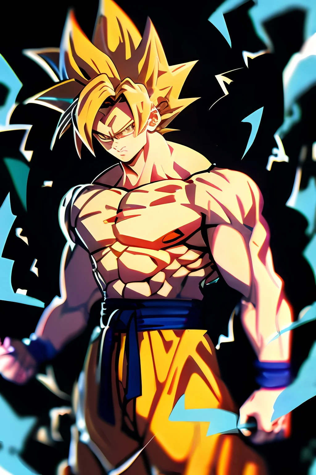 A close-up of a cartoon character，Holding a sword in hand, Super Saiyan, Super Saiyan Goku, super sayan, super sayian goku, going super saiyan, Son Goku, dragon ball artstyle, dragon ball z style, Wukong, broly, portrait of goku, Goku from Dragon Ball, Goku portrait, Fan art, Dragon Ball style