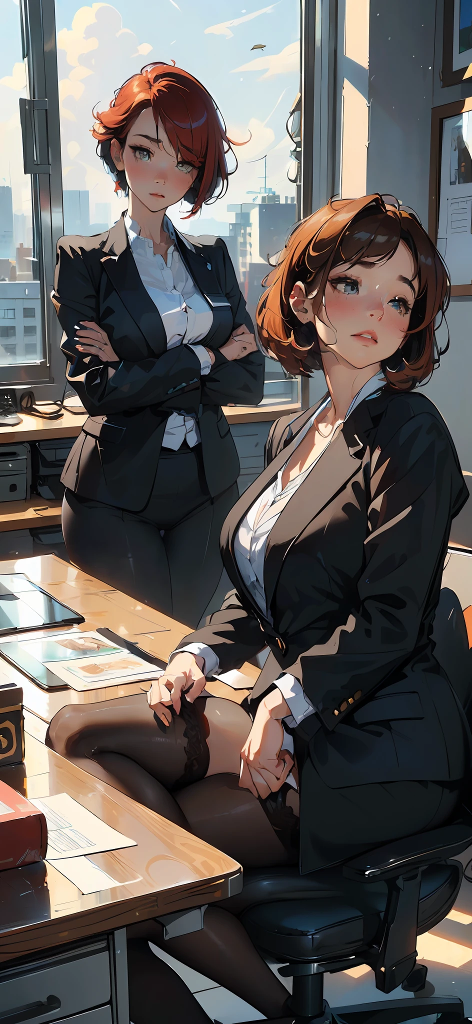 ("portrait of a office lady sitting on the desk in a strict suit") office workers, business woman, OL, pantyhose, garter belt. (face: double eyelids, chubby cheek, thick lips, blushing), (expression: disgusted="half closed eyes"), "(hair: redhead pixie cut hair)", (seductive curvy body), (pose: raising both arms and straddle legs) (masterpiece:1.2, best quality, digital art, hyperrealistic details, detailed digital art, realistic texture, detailed CG, extremely high detail, digital illustration, mezmerizing views)