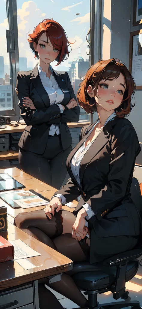 ("portrait of a office lady sitting on the desk in a strict suit") office workers, business woman, OL, pantyhose, garter belt. (...