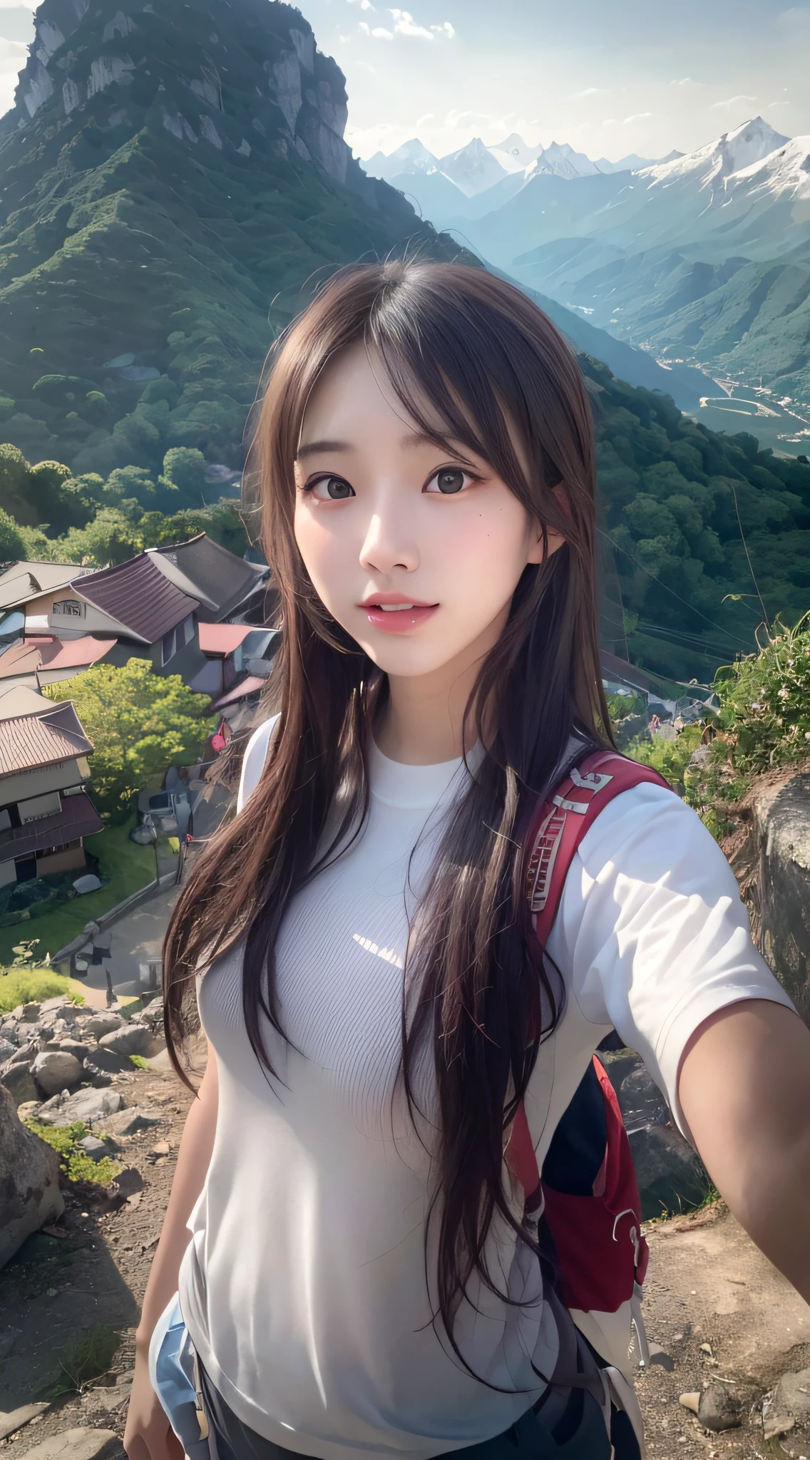 (Highest Quality, hyper-realistic:1.3, Super dense, very detailed illustration, Best image quality, very detailed illustration), 
(Majestic mountains in summer々):1.3,  (1woman:1.3, solo),  
(upper body:1.3), (Model-like body shape), (white t-shirts, Trekking shorts, trekking boots), Walking along a mountain road, 
(High-ponytail), (dark brown hair), 
(Japanese, 18-year-old woman),  
(smiling:0.5), long shot, wide angle