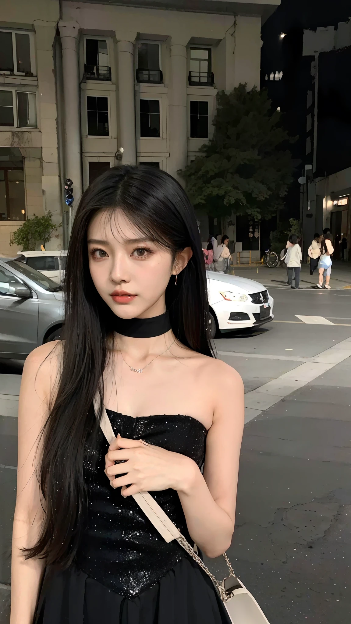 Alapi woman in black dress standing on a street corner, Bandeau dress, cruel korean goth girl, Asian girl with long hair, photo of slim girl model, full-body xianxia, photo of slim girl, jisoo from blackpink, Chinese girl, Anime girl wearing black dress, She has black hair，By bangs, wearing black camisole outfit