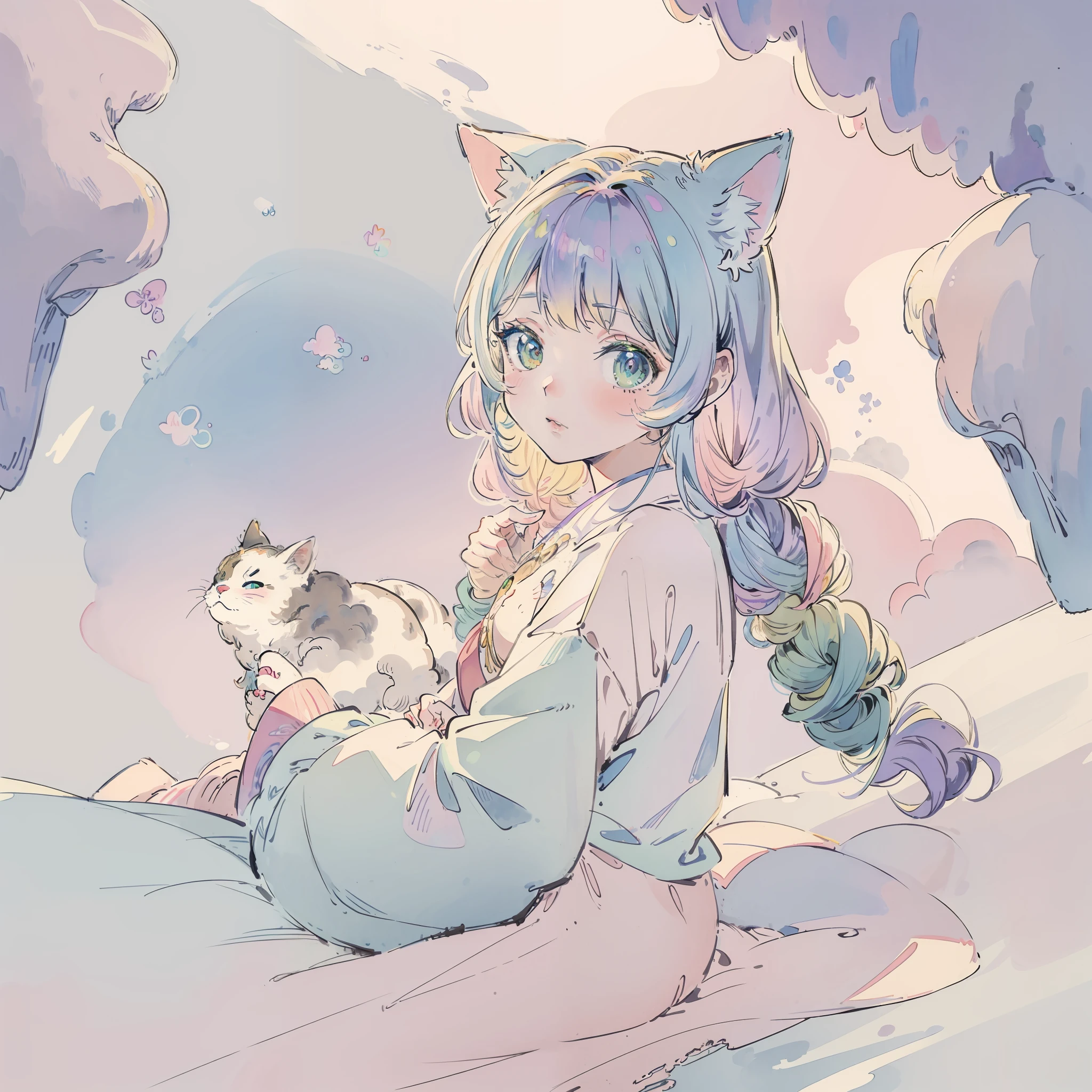 Yumekawa 、Cute as a dream、a pale、Moya、blanche(​masterpiece、top-quality、top-quality、watercolor paiting(Curly)、Take a cute cat、Official art、Beautifully Aesthetic:1.2)、(a beauty girl:1.3)、patterns、(rainbow-colored hair、colourful hair:1.2)、Soap bubbles、Rainbow behind、​​clouds、colourfull、Soap bubbles、Hair spreads throughout、kawaii、pastels、Large ribbon、Lovely room、Rainbow Cat Plush Toy