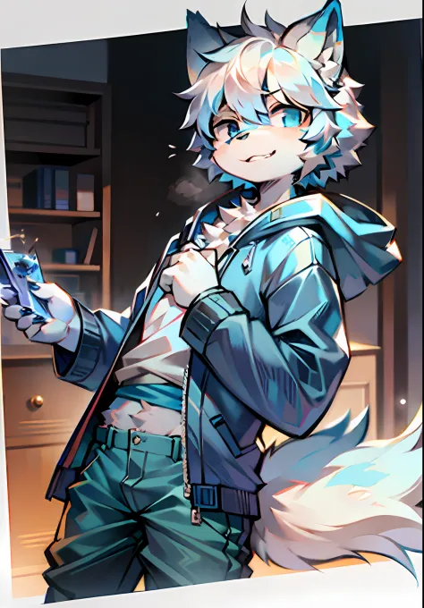 eyes with brightness,Bust photo of the character,Q version，头像框， Character focus，独奏, shaggy, Furry male wolf, Blue-white fur for ...