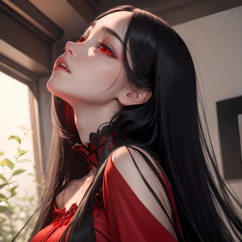 best quality, masterpiece, long Black hair, red eyes, looking up, upper body, red dress