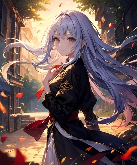 (​masterpiece、top-quality)、frontage、独奏、1girl in、is standing、Hands folded behind your back、amidst nature、A smile、The long-haired、Light purple hair、Hair flutters in the wind、with light glowing、Windy、Adult、Flames flutter