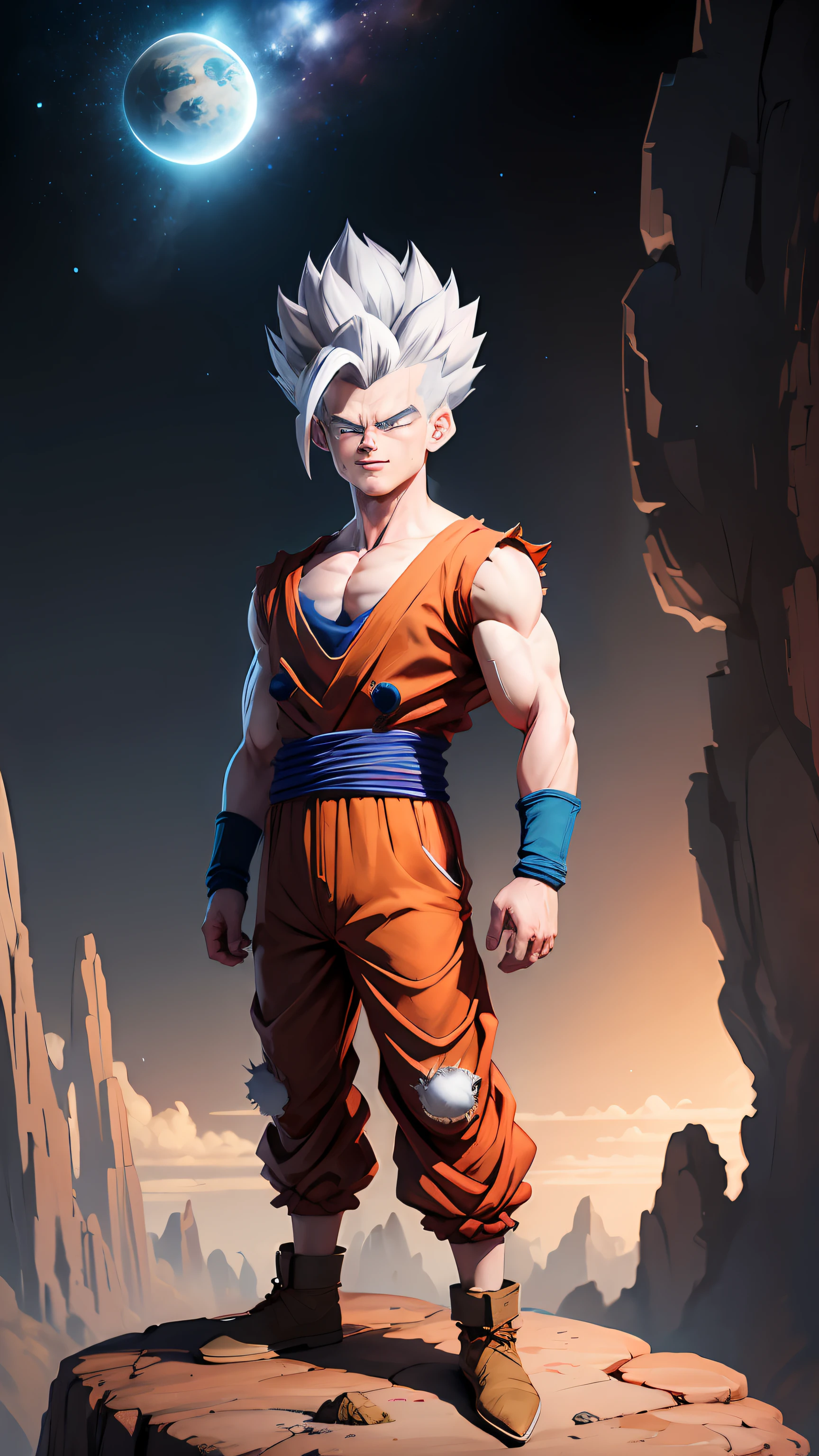 masterpiece, best quality, ultra-detailed, Adult Gohan 1boy, solo, Full body, evil smile, grey hair, spiked hair, red eyes, dougi, full body, looking at viewer, male focus, earth \(planet\), planet, space, cracked ground and rocks rising up, rubble rising,