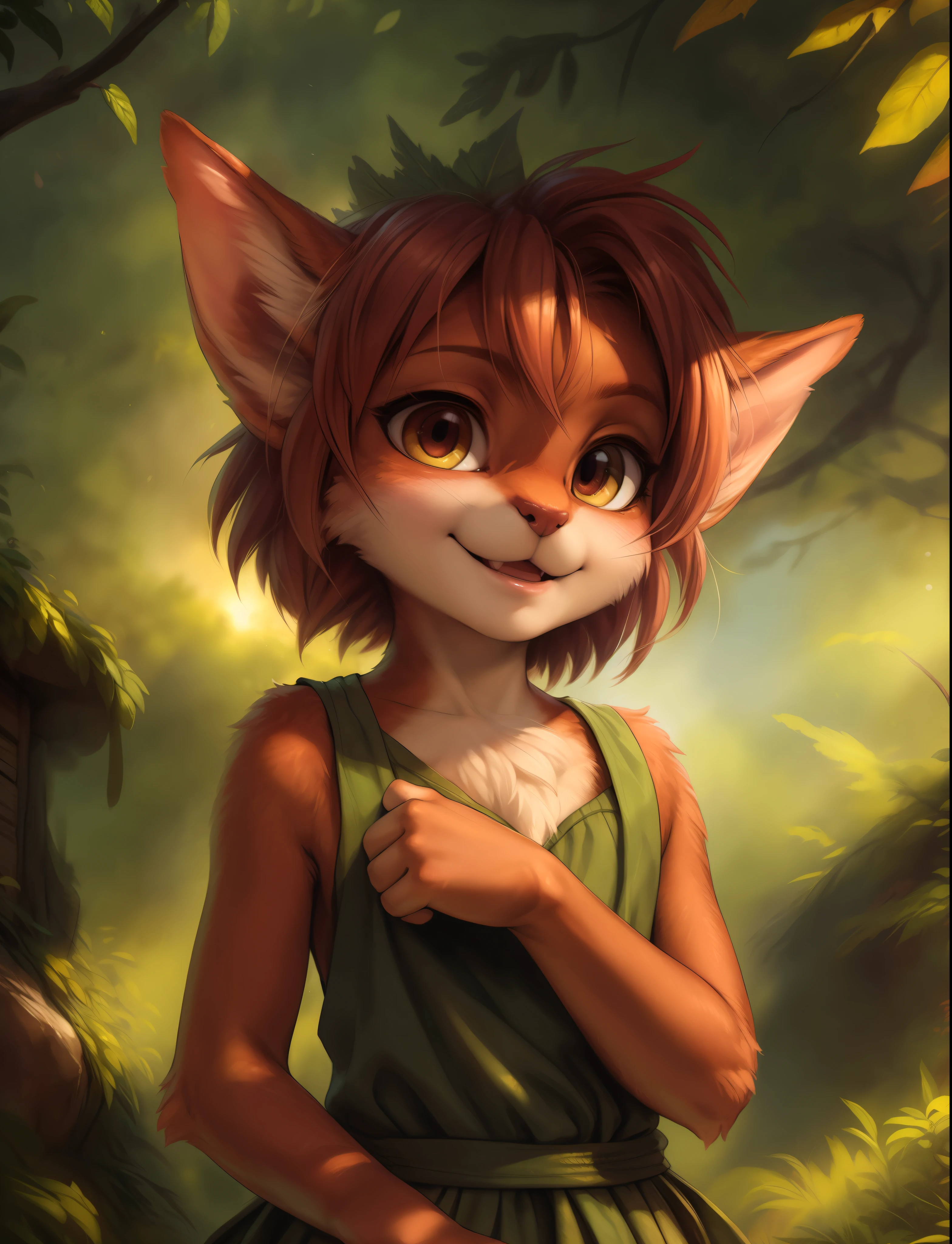 by kenket, by totesfleisch8, (by thebigslick, by silverfox5213:0.8), (by syuro:0.2), elora furry, detailed and extremely fluffy body fur, fluff, masterpiece, looking up beautiful surroundings, detailed background, happy, leaf-dress, (uploaded on e621,8k, RAW photo, high resolution,high quality), ((masterpiece)), female, (wear shirt and bottomless), (front view), (cinematic lighting), backlighting, (shaded), detailed background, by dagasi, (by personalami), [by Ruan Jia], photorealistic, hyperrealistic,