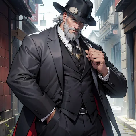 A grey-haired Englishman wearing a fancy suit is a hat, with a well-made white beard and a necklace around his neck, holding two blades in each hand, is a scar in his eye