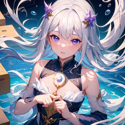 [(transparent backround:1.5)::5],(((​masterpiece))),(((top-quality))),(((ighly detailed))),illustratio, 1girl,独奏,mystical,vivd colour,Glossy、Underwater transparent sealed hemispherical glass dome, (white  hair),(a purple eye), full bodyesbian,bare-legged,Q...