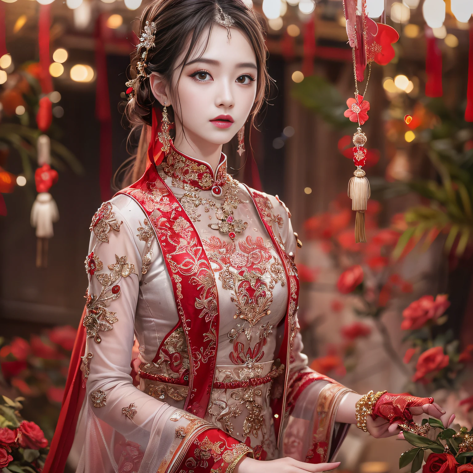 best qualtiy， tmasterpiece， A high resolution， 1girll，Chinese wedding dress，hair adornments，choker necklace，jewely，beauitful face，after sexing_Body，Tyndall effect，realisticlying，Red festive room edge lighting，twotonelighting，（highdetailskin：1.2），8K high-definition，gentle illumination，high high quality，Volumetriclighting，Frankness，photore，A high resolution，Bokeh