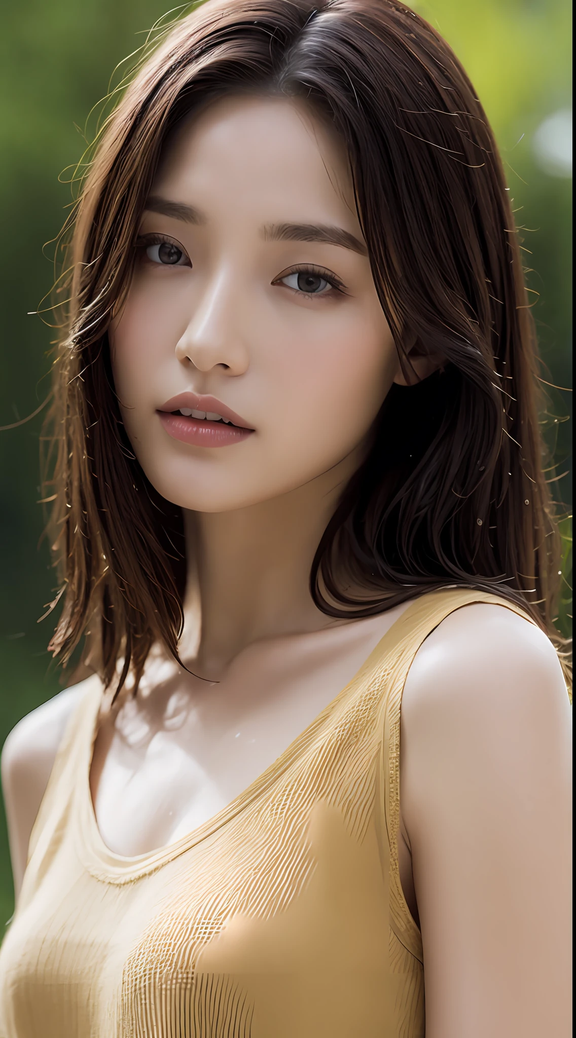 (Top quality, 4K, Masterpiece: 1.3), Beauty, 1 girl, (Breasts, Perfect body: 1.2), Dark brown hair, (Wet rain, Wet body: 1.2), hyperdetailed face, Detailed lips, Detailed eyes, Double eyelids, Gold camisole vest