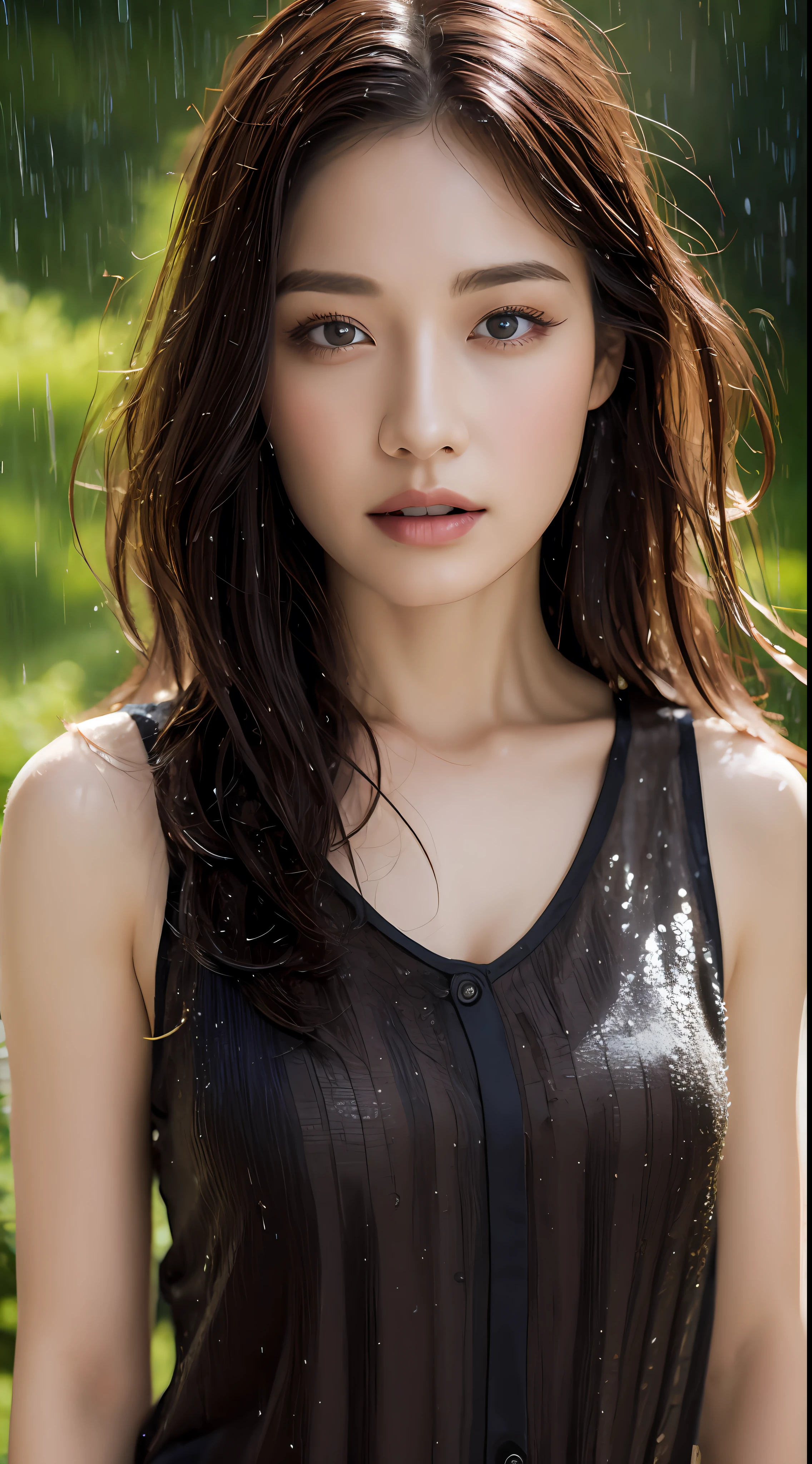 (Top quality, 4K, Masterpiece: 1.3), Beauty, 1 girl, (Breasts, Perfect body: 1.2), Dark brown hair, (Wet rain, Wet body: 1.2), hyperdetailed face, Detailed lips, Detailed eyes, Double eyelids, Gold camisole vest