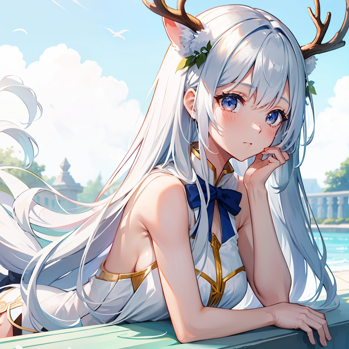 long whitr hair，snowfield，beast ear，deer antlers，long  white hair，vividness，Beautiful summer pool，Shinkai sincerely