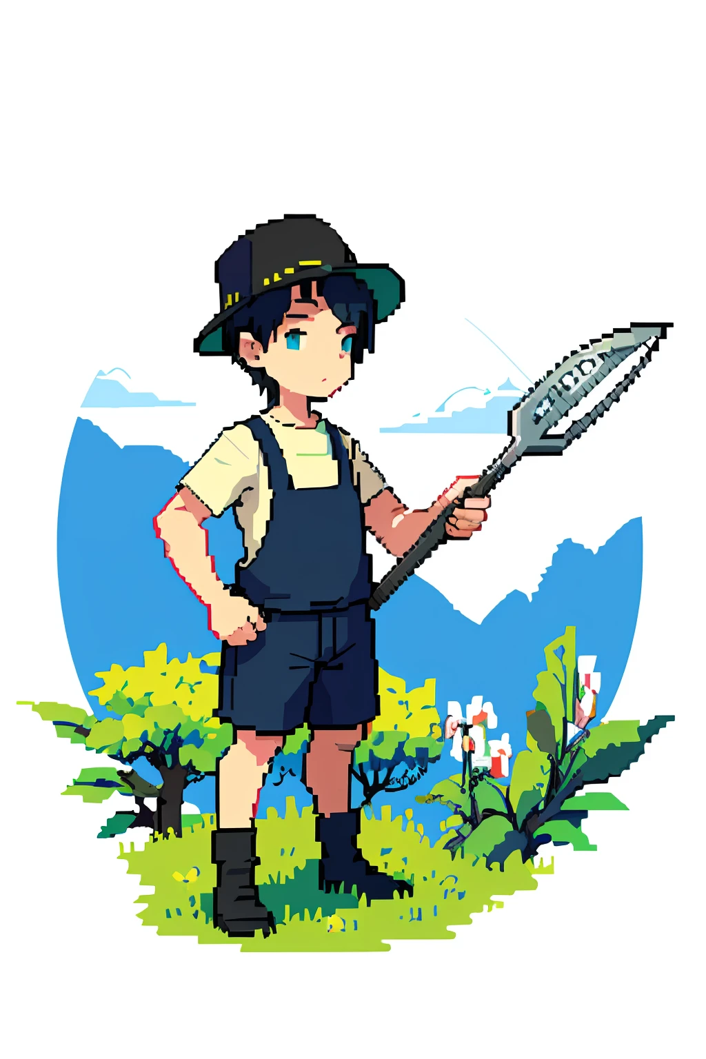 píxel, píxel art, 1 chico, pelo negro, agricultor hat, agricultor, sosteniendo el tenedor de pala