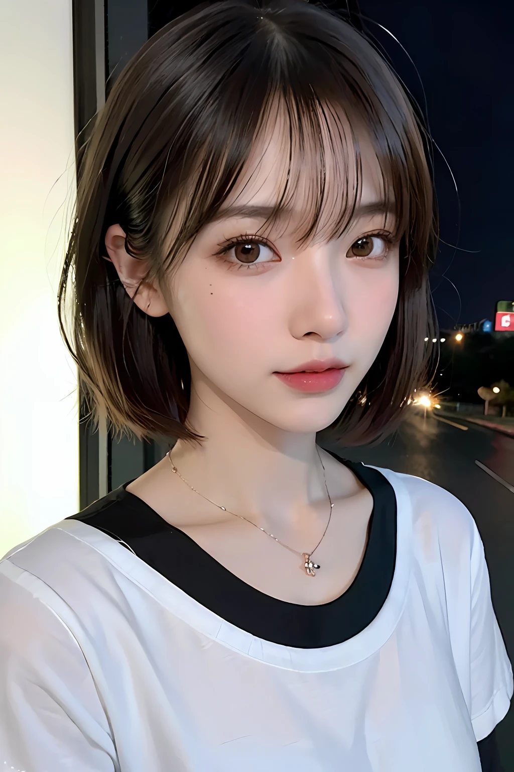 top-quality、​masterpiece、超A high resolution、(realisitic:1.4)、the panorama、portlate、Very wide lens、a closeup、Beautiful beautiful adult woman、Beautiful detail eyes and skin、ssmile、Light brown short-cut hair、Small necklace、Dark short sleeve T-shirt、city street at night、Nights with few people、