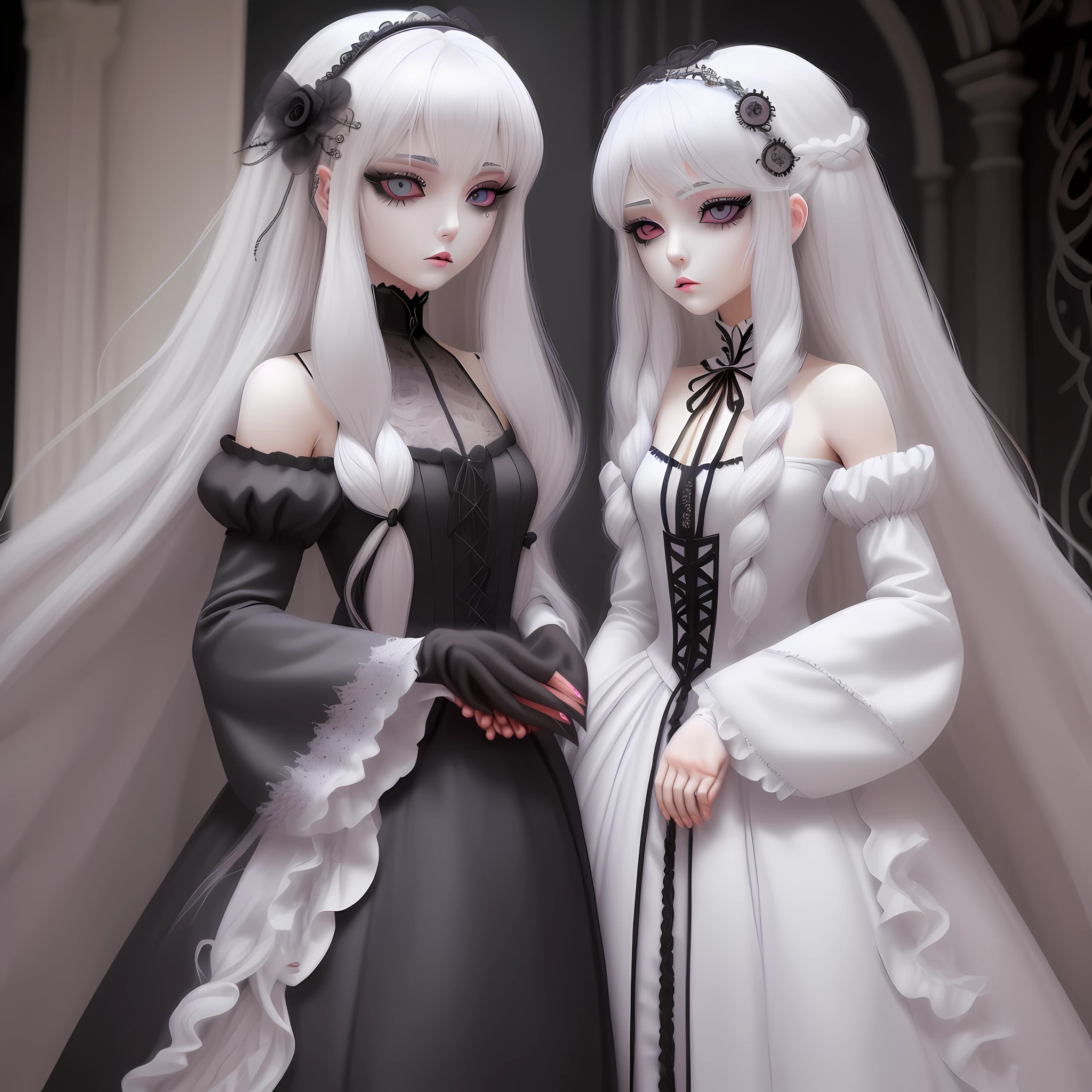 white  hair, multicolored wildly hair, blackquality hair, nihongami, hair rings, diagonal bangs, blank eyes, glare eyes, heterochromia, diamond-shaped pupils, conceptual artwork, gothic art, Classicism, hyper- realism, anatomically correcte, High details, ghotic lolita, femboy.