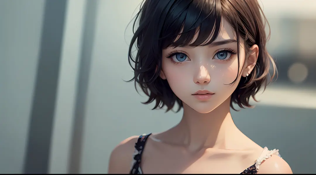 (Masterpiece), (high quality), (ultra detailed), (short hair), (illustration), (1girl), (casual clothes), standing, model, looking at the viewer, (photo essay), (blurred background), beautiful detailed eyes, beautiful and delicate face, black skin, floatin...