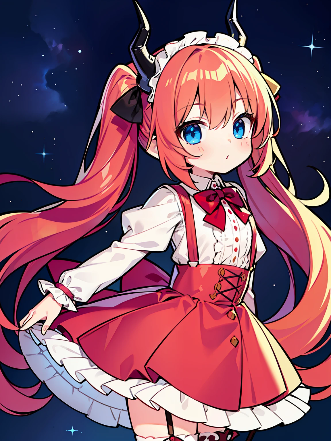 {{best quality}}, {{masterpiece}}, {{ultra-detailed}}, {illustration}, {detailed light}, red hair,blue eyes,twintails,lolita,Suspenders skirt,Fantastic,loli,solo,Dragon horns,little girl,long hair