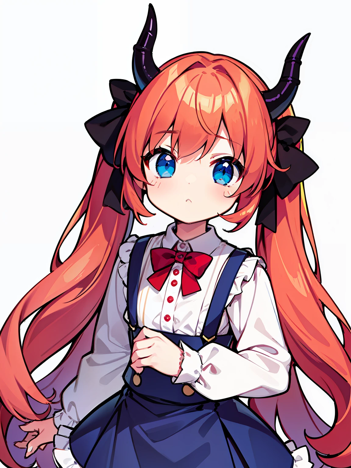 {{best quality}}, {{masterpiece}}, {{ultra-detailed}}, {illustration}, {detailed light}, red hair,blue eyes,twintails,lolita,Suspenders skirt,Fantastic,loli,solo,Dragon horns,little girl,long hair