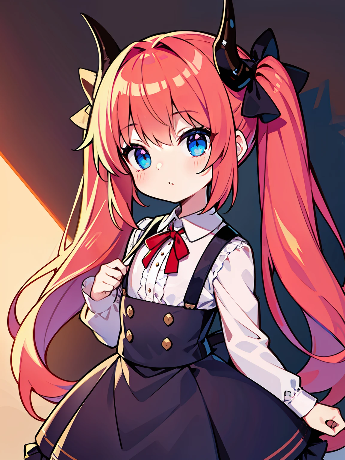 {{best quality}}, {{masterpiece}}, {{ultra-detailed}}, {illustration}, {detailed light}, red hair,blue eyes,twintails,lolita,Suspenders skirt,Fantastic,loli,solo,Dragon horns,little girl,long hair