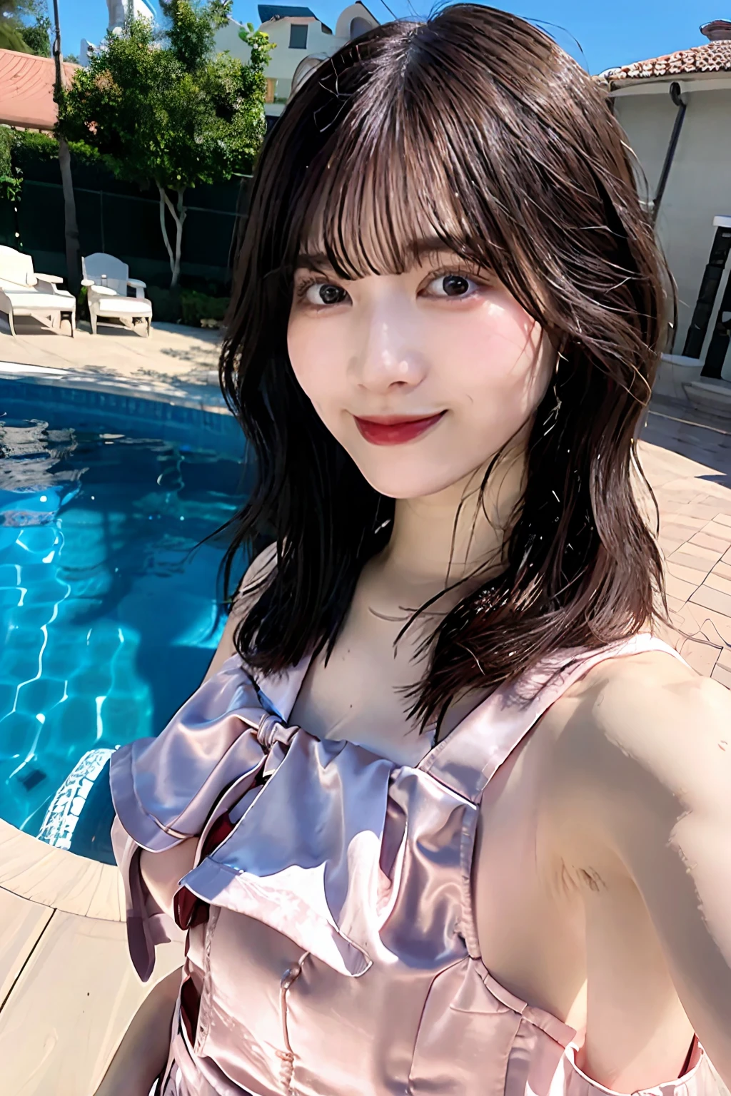 Thin skin、bangss、bare shoulders​、Beautiful large breast、Chest squeezed together、On the water、In the pool、Detailed pool background、hair between eye、length hair、oval-face、double eyelid、cparted lips、Brown-eyed、solo、((The areol))、(cleavage of the breast)、 hairarmpits[wrinkles]、delicate and sexy(clavicle:1.3)、ligh brown hair、(shinny skin:0.8)、(masuter piece:1.4)、(top-quality:1.4)、naturals(Medium chest:0.7)、glossy red lips、Perfect Abs、(Sheer areol)、(sheer fabrics)、wet​(perspired、sodden)、low angles、(From the angle from below)、High Detail Skin、Skin pores、(SFW)、vestments