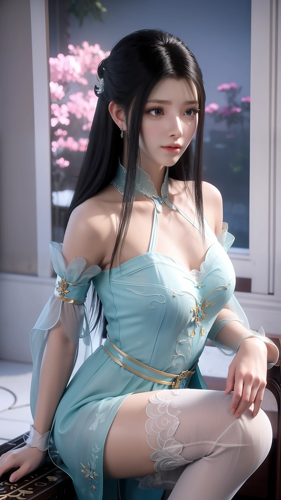 Arad woman in blue dress sitting on windowsill, cute anime waifu in a nice dress, trending on cgstation, 8K high quality detailed art, anime barbie in white stockings, highly detailed exquisite fanart, Extremely detailed Artgerm, the anime girl is crouching, flowing magical robe, beautiful and seductive anime woman, WLOP and Sakimichan