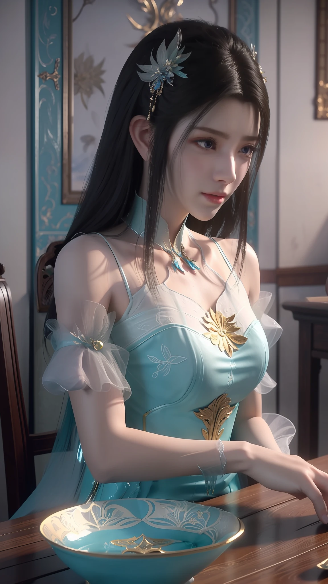 The Arad woman in a blue dress sits at the table, closeup fantasy with water magic, 2. 5 D CGI anime fantasy artwork, Anime fantasy illustration, Detailed digital anime art, beautiful fantasy anime, Smooth anime CG art, Anime fantasy artwork, 8K high quality detailed art, Realistic anime 3 D style, ultra detailed water, beautiful and seductive anime woman