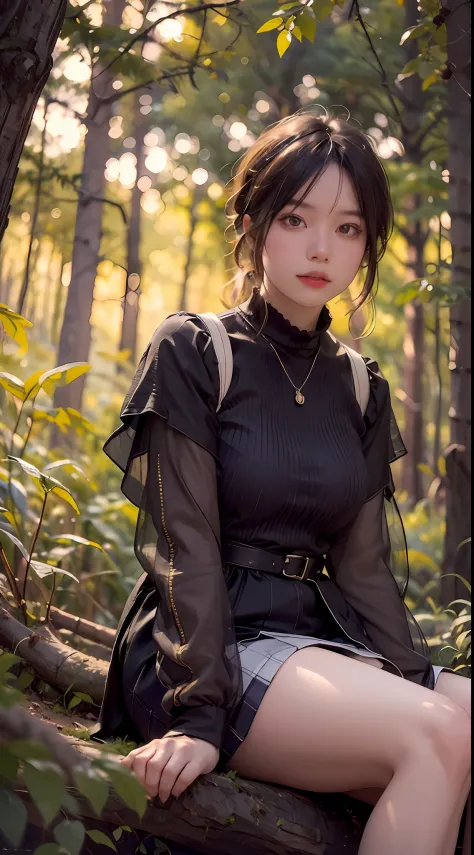 girl, sitting, side shot, (sky:1.3), (masterpiece, best quality, perspective, depth of field:1.5), flowers, rocky mountain, wood...