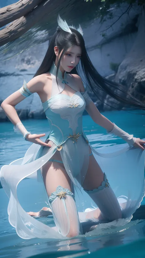 Arapei in a blue and white dress stood in the water, Anime girl walking on water, closeup fantasy with water magic, azur lane style, trending on cgstation, Anime girl cosplay, seraphine ahri kda, Splash art anime Loli, trending at cgstation, realistic wate...
