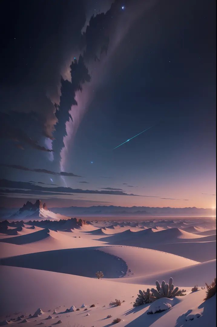 The desolate desert without vegetation is covered with snowflakes，Shimmering with a light blue-purple light，Snow-capped mountains and starry sky in the distance