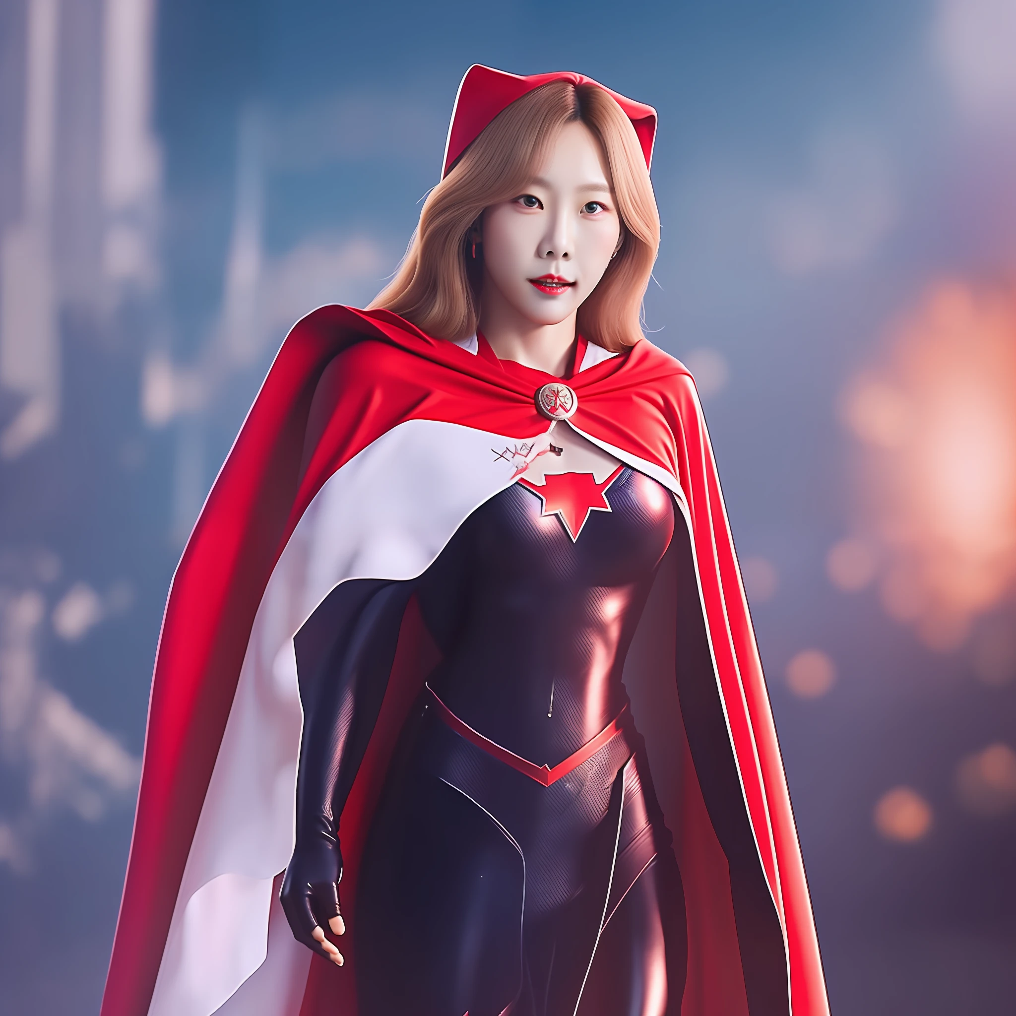 Ultra-clear and realistic
Tae-yeon ，Transform into a uniform with a flag symbol on your chest，Red cape+Red gloves and red flag pattern boots complete with a makeover，，The power of superhero flag girls，，，Super power special effects,      Whole body 1:2