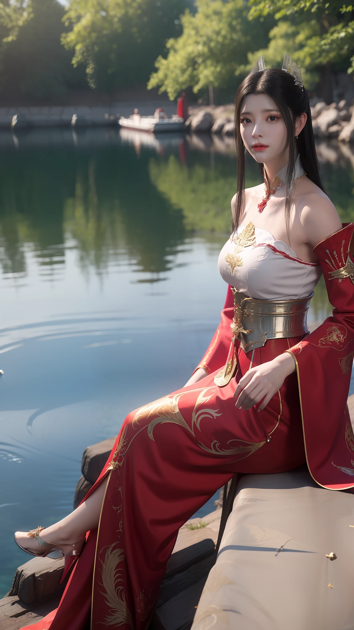 Arad woman in a red dress sitting on a dock by the lake, a photorealistic painting inspired by Du Qiong, Trend of CGsociety, Fantasy art, lady in red armor, wearing gilded red robes, beautiful and seductive anime woman, succubus in tight kilt, wearing gilded red royal robes, silver armor and red clothing, fantasyoutfit