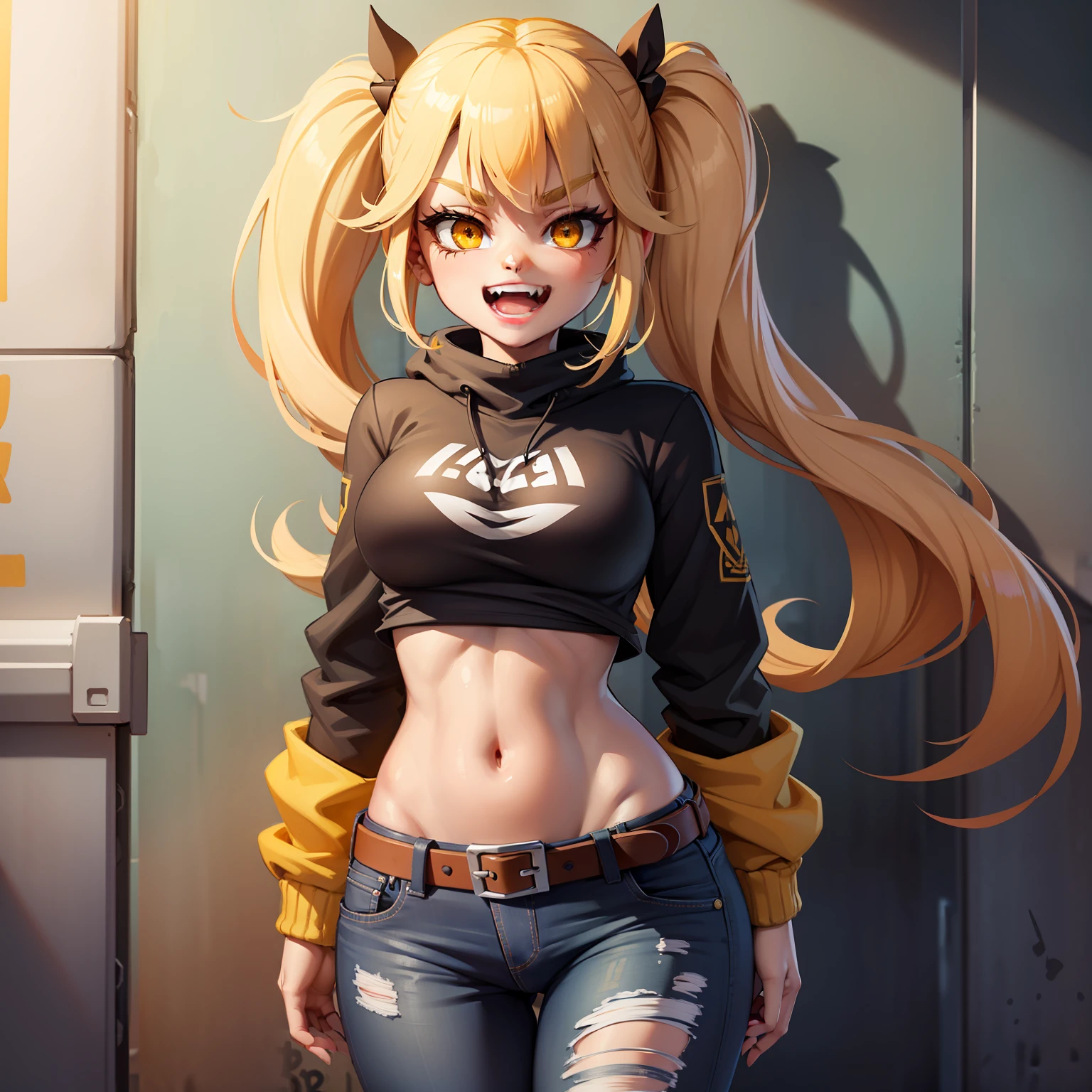 Original Character, Volumetric Lighting, Best Shadows, Shallow Depth of Field, Portrait Of Stunningly Beautiful Girl, Petite, Delicate Beautiful Attractive Face With Alluring Yellow Eyes, Messy Painted Face, Sharp Eyebrows, Broadly Smiling, Open Mouth, Fangs Out, Lovely Medium Breasts, Layered Long Twintail Blond Hair, Blush Eyeshadow, Thick Eyelashes, Applejack Hat, Oversized Pop Jacket, Mini Underboob Tee, Open Navel, Slim Waist, Denim Jeans Pants, With Buckle Belt, In The Graffiti Alley, Waste Container, Outside Stairs, Outdoor Unit, Holding Spray Paint Can, Standing, (Highest Quality, Amazing Details:1.25), (Solo:1.3), Brilliant Colorful Paintings