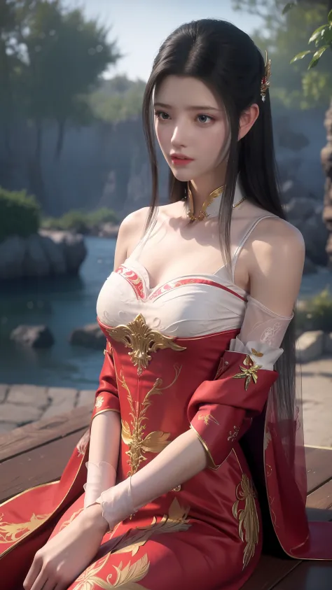 The Araved woman in a red dress sits on a red bench by the water, a photorealistic painting inspired by Magali Villeneuve, cgsociety contest winner, Fantasy art, wearing gilded red robes, lady in red armor, wearing gilded red royal robes, Gorgeous Role Pla...