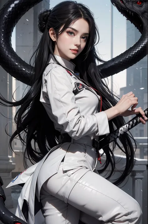 female arbiter vildred, 1 girl, black long hair, sharp eyes, deep starring, white tuxedo, killer smile, full body, holding long ...