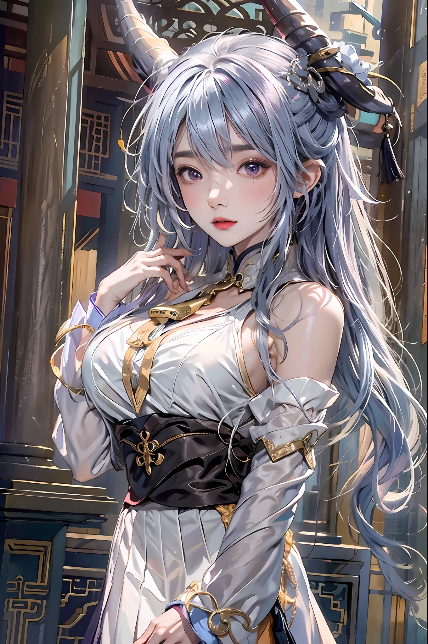 photorealistic, high resolution, 1women, solo, hips up, look at viewer, (detailed face), ahoge, architecture, bangs, schoolgirl uniform, bare shoulders, bell, black gloves, black pantyhose, (blue hair), blush, breasts, chinese knot, detached sleeves, east asian architecture, flower knot, gloves, horns, long hair, looking at viewer, small breasts, neck bell, night, outdoors, pantyhose, purple eyes, sidelocks, solo, tassel, white sleeves, intricate, high detail, sharp focus, dramatic, jewelry