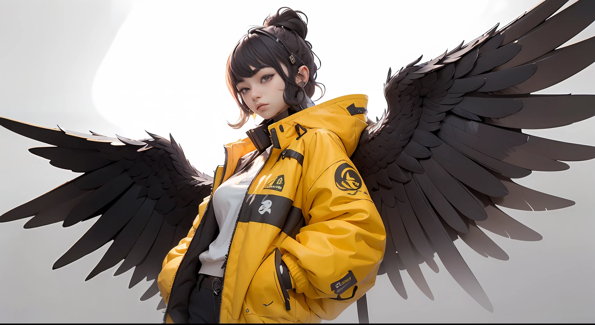 nijiloraeagle ulzzang-6500, (原來的: 1.2), 硬表面建模風格, 賽博朋克武士朋克, 超詳細的插圖逼真, 超詳細渲染, 肖像, 獨自的, 迷人的 nijigirl 與機械-鷹-翅膀, 穿著高科技服裝和超大夾克, 帶有超細緻的濕暗色 - 黃色、鈷色、珊瑚色和黑金武士刀, 純色背景