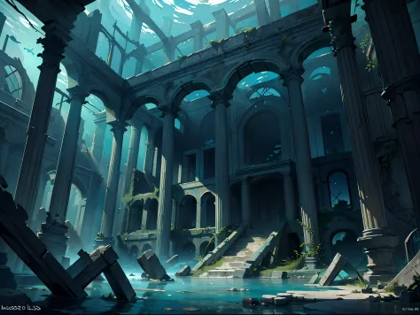 ((masterpiece)), (underwater:1.4), (ruins:1.5), (palace:0.7), (blue moss:1.4), vines, (ancient:1.1), (destroyed pillars:1.2), kelps, (dark:1.2), (8k:1.2), (submerged:1.3), bay