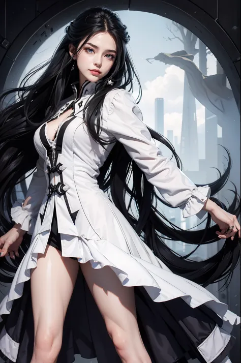 female arbiter vildred, 1 girl, black long hair, sharp eyes, deep starring, white tuxedo, killer smile, full body, dynamic pose,...