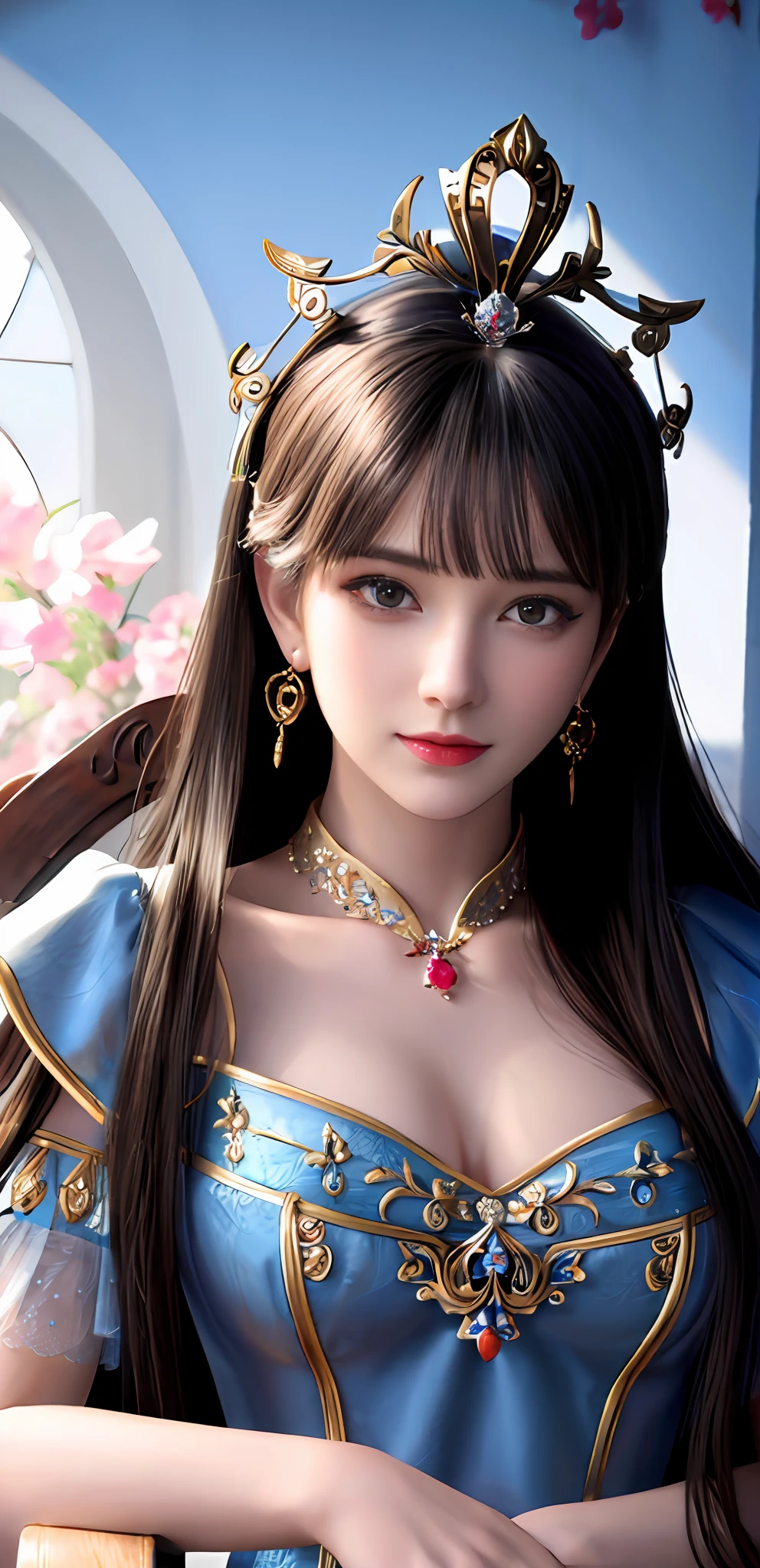 (realisticity: 1.2), best quality, 8K UHD, masterpiece, highres,cg,
1 super detailed girl, super detailed queen

, sitting on a super detailed royal throne, lud, xurious royal palace background, beautiful and detailed, super detailed long hair, wearing a beautiful and luxurious crown with diamonds and super detailed,

super detailed dress, Super detailed dress sleeves, super detailed beautiful earrings, 
 solo, jewelry, super detailed red and blue dress, pretty face, beautiful, and super detailed, 

, earrings, super detailed hairdo, splashing, the upper body is very super detailed, super detailed hair bun, super detailed black hair,
lighting,candid,Photograph,high resolution,4k,8k,Bokeh,