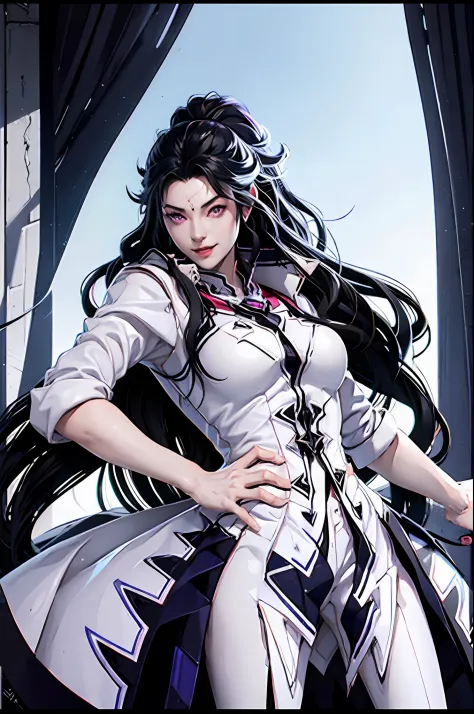 female arbiter vildred, 1 girl, detailed face, beautiful face, black long hair, sharp eyes, deep starring, white tuxedo, killer ...