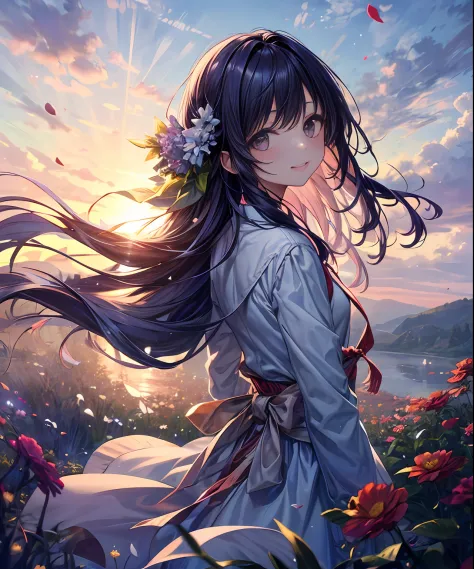 (​masterpiece、top-quality)、frontage、独奏、1girl in、is standing、Hands folded behind your back、amidst nature、A smile、The long-haired、Light purple hair、Hair flutters in the wind、with light glowing、Windy、Adult、Flowers flutter