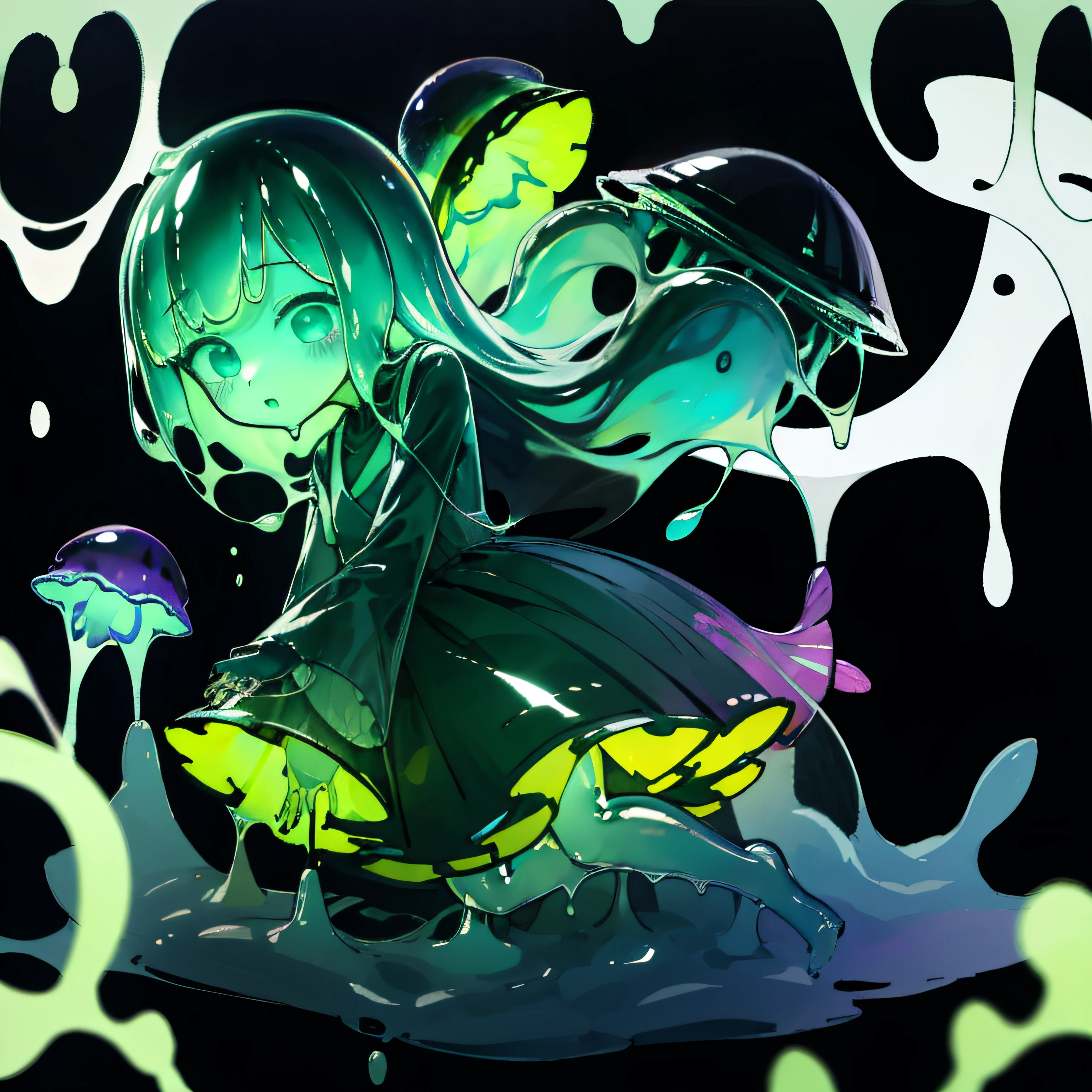 Anime , Slime Girl, Full Body Green, Deep Sea, Jellyfish Head