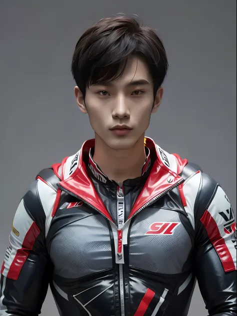 chinese male high school student，pvc red racing suit